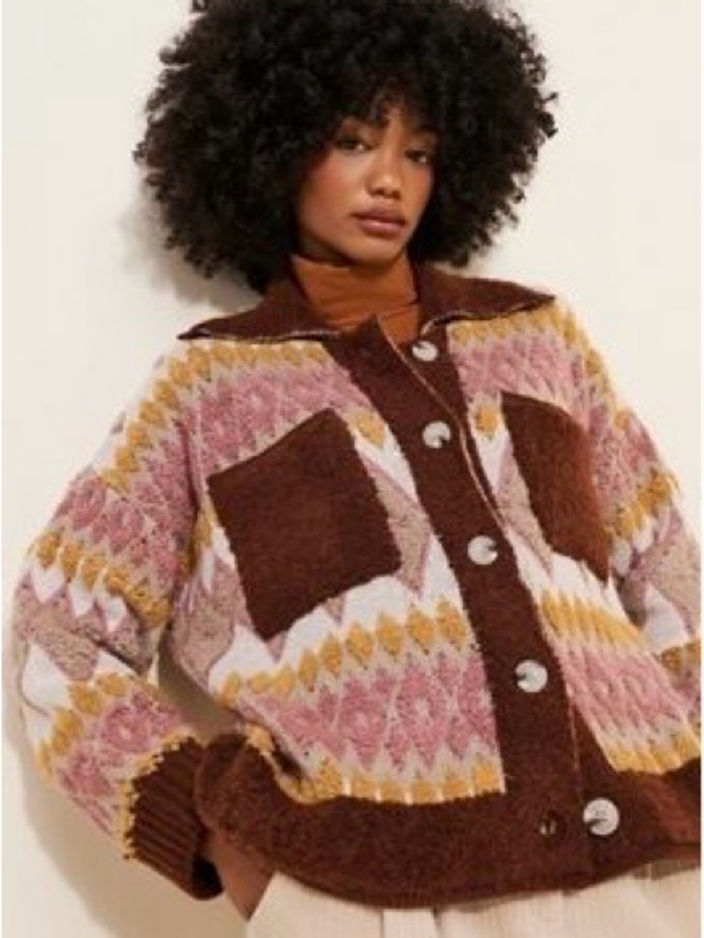 Anthropologie Flat White Button-Up Sherpa Jacket Size Small Orange Multi